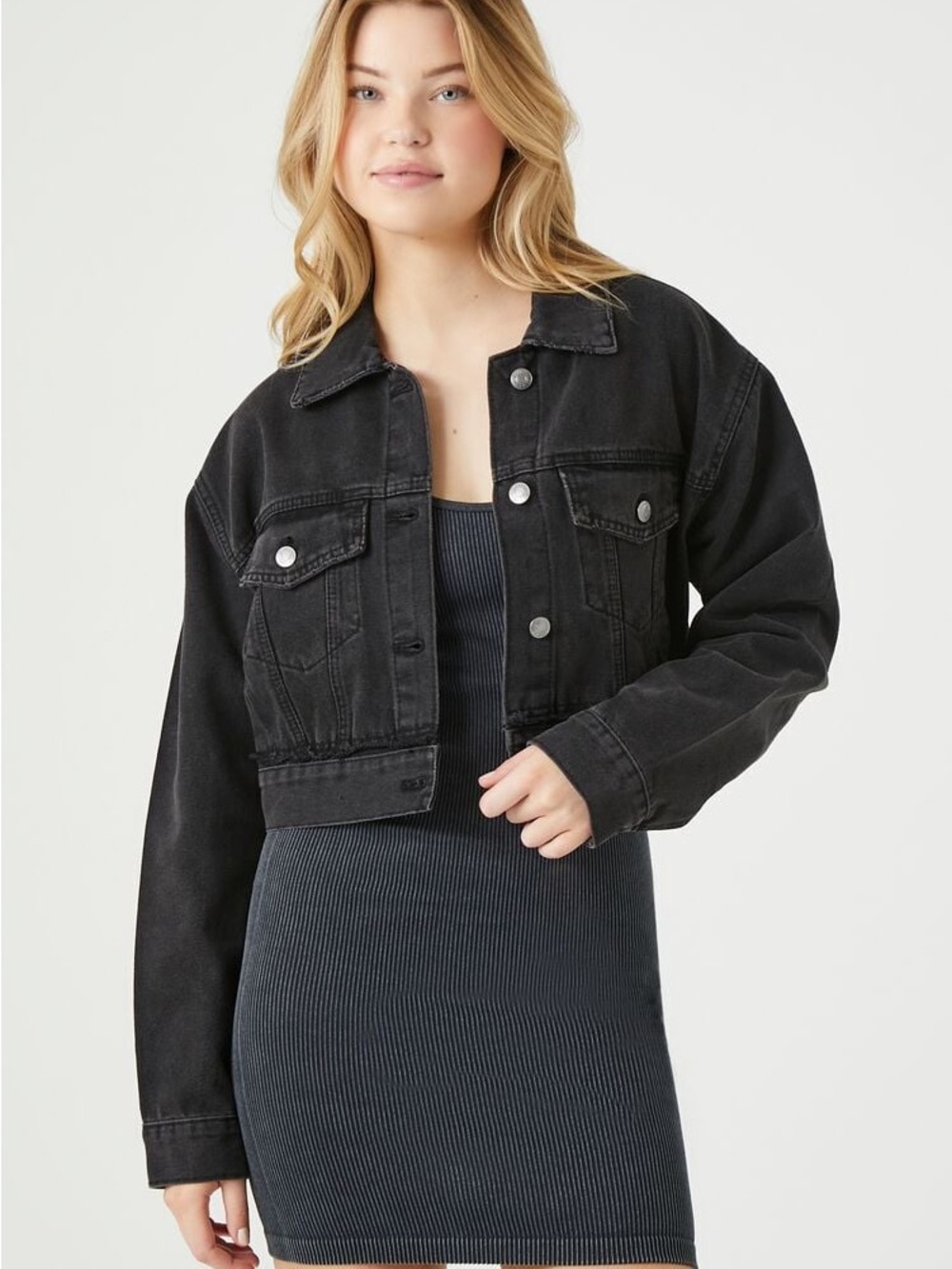 Black Cropped Denim Trucker Jacket | Size M - Picture 3 of 4